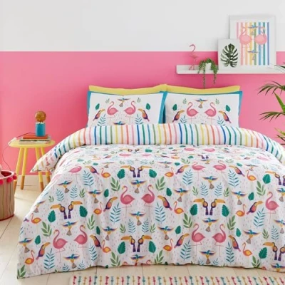 Imagen de Fusion Juego de Funda nórdica Reversible con diseño flamencos Tropicales Cama King en Color Rosa