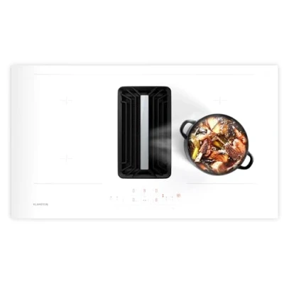Imagen de Klarstein DownAir AirJet 90 Placa de Inducción con Extractor Integrado, 750 m3/h, A++ Eficiencia, Boost 10000 W, VarioHeating, Panel Táctil, Vidrio y Acero Inoxidable, Blanco