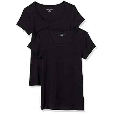 Imagen de Amazon Essentials Camiseta Entallada con Cuello Redondo y Mangas Casquillo Mujer, Pack de 2, Negro, S
