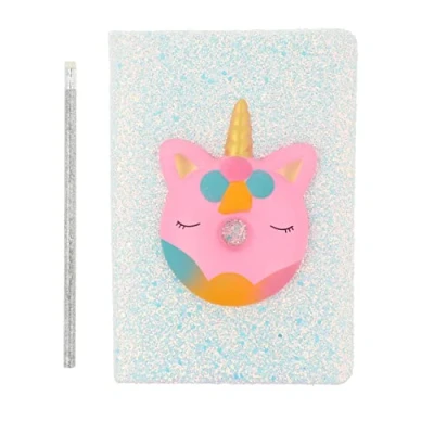 Imagen de Inca Cuaderno Squishy Unicornio Libreta de Brillantina Azul con Scuishi en Forma Rosquilla + Lapicero Goma Borrar Ideal para Cumpleaños