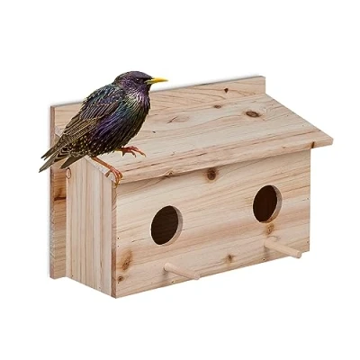Imagen de Relaxdays Casa de Pájaros para Estorninos, Madera Abeto Natural, 2 Agujeros Entrada 5 cm, Perchas, Colgante, 22 x 35 18 cm
