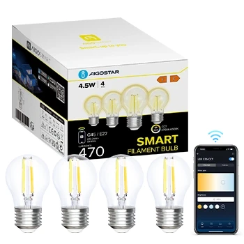 Imagen de Aigostar Bombilla Inteligente Alexa, Led E27 Vintage, G45 Transparente Tipo Globo, 4.5W, 470LM, Regulable Cálida a Fría 2700K 6500K, Compatible con Alexa y Google home, 4 Unidads