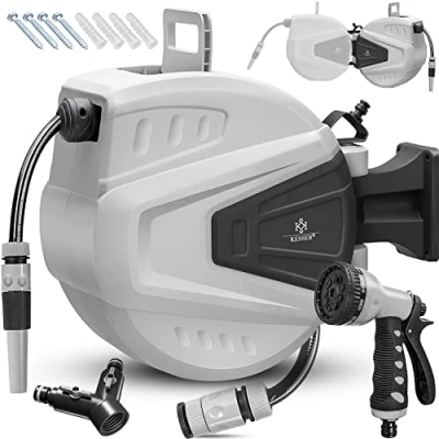 Imagen de KESSER® Enrollador de mangueras Agua Ducha mano múltiple Giratorio 180 Tapón rebobinado Montaje en la pared Caja Manguera jardín, gris 30 M