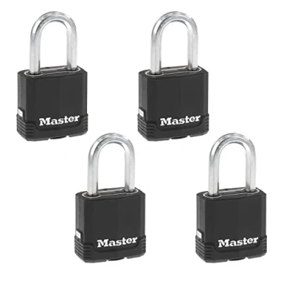 Imagen de Master Lock M115XQLFCCSEN, paquete de cuatro candados acero laminado cubierto Magnum 1 7/8 pulgadas ancho, diámetro 5/16 pulgadas, distancia grillete 1/2 4,