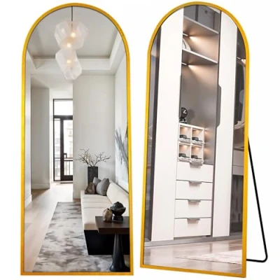 Imagen de Marctani Espejo de Pie Cuerpo Entero Grande y Largo con 3 Formas Uso, Independiente, Montaje Pared Apoyado Marco Aluminio para Dormitorio, Baño o Salon (Dorado 161x52cm)