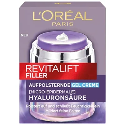 Imagen de L&#039;Oréal Paris crema de gel hidratante antiedad, facial antiarrugas con ácido hialurónico puro, para todos los tipos piel, relleno Revitalift, 50 ml