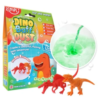 Imagen de Dino Baff Dust 2 Pack Baño y x Figuras de Dinosaurios por Zimpli Kids, Bomba Mágica Polvo Burbujas para Niños, Regalo Juguetes