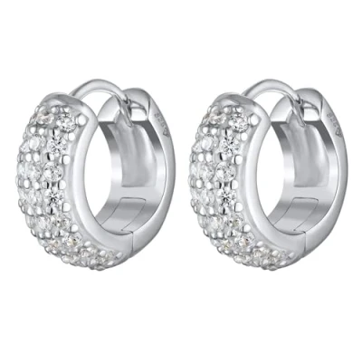 Imagen de Kuzzoi pendientes de aro para hombre, 1 par redondos (15 mm) con circonitas plata ley 925, Circonita cúbica, Circonia cúbica