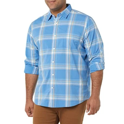 Imagen de Amazon Essentials Camisa en Popelina Elástica de Manga Larga y Corte Regular Hombre, Azul Claro Naranja Cuadros Escoceses, M