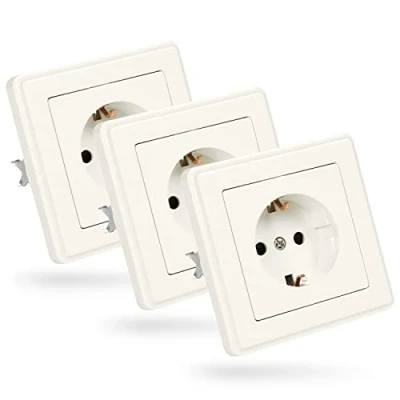 Imagen de ABSINA toma de corriente con contacto protección para montaje empotrado 3 tomas pared blancas 250V AC, 16A, IP20 incl. marco, inserto y tapa