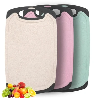 Imagen de Ezvsevuo Tabla de Cortar, 3 Piezas Cortar Cocina Plástico sin BPA, Tablas con Ranura para el Jugo y Asas, Antibacteriana Antideslizantes Cutting Board Verduras/Frutas/Carnes