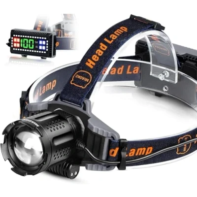 Imagen de MIAOKE Linterna Frontal Led Recargable, Recargable 100000 Lumen Super Brillante IPX5 Impermeable 4 Modos con Indicador de Encendido y Luz Advertencia para Camping Correr al Aire Libre