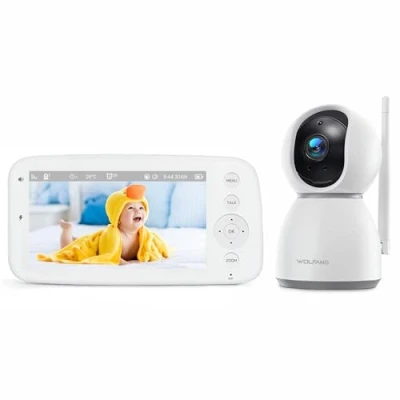 Imagen de WOLFANG 1080P Camara Vigilancia Bebe con 5&quot; 720P Pantalla, Vigilabebes Rotación de 360 y Zoom, Sin WiFi, Visión Nocturna, Comunicación Bidirecciona, Temperatura, Detección Llanto