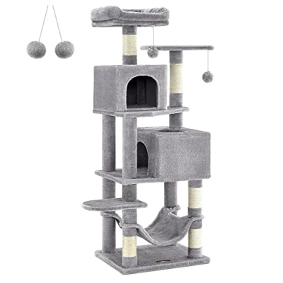 Imagen de Feandrea Árbol para Gatos de 155 cm Altura, Rascador con 5 Postes, 2 Plataformas, Cuevas, Hamaca, Pompones, Felpa Multicapa, Gris Claro PCT192W01