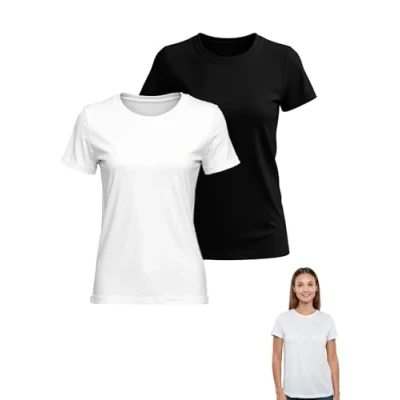 Imagen de MAGIC SELECT Pack de 2 Camiseta Básica para Mujer. Casual Algodón Manga Corta, Ajuste Estándar. Cuello Redondo Talla 2XL