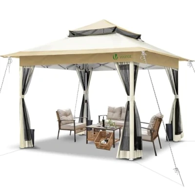 Imagen de VOUNOT Carpa Plegable Gazebo 3.6x3.6m con Botón Central y Laterales de Malla, Cenador Pabellón Pop Up Jardín Techo Doble Bolsas Arena, Protección UV, para Camping, Fiestas, Exterior, Beige