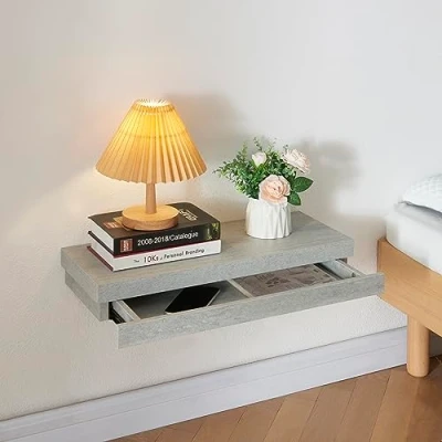 Imagen de [en.casa] Estanteria Pared Mesilla de Noche Mural Estante con Cajón hasta 5 kg Incluye Material Montaje MDF Recubierto PVC 60 x 25 cm Efecto Hormigón