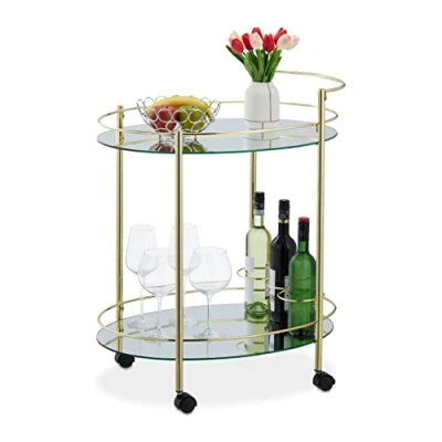 Imagen de Relaxdays Carrito Cocina con Ruedas, Camarera Servicio, 2 Baldas y Botellero, Hierro Cristal, 79 x 45 65,5 cm, Latón