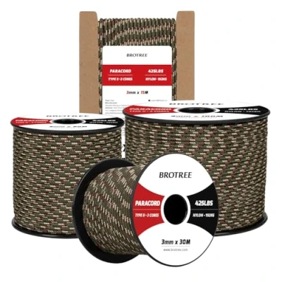 Imagen de Brotree Paracord 3mm 50M Cuerda 100% Nylon Tipo II 3 Hebras 425 para Exterior, Bricolaje 192 kg Carga de Rotura (Camuflaje Bosque)