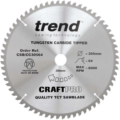Imagen de Trend CraftPro Hoja de sierra circular TCT corte transversal con gancho negativo, 305 mm diámetro x 64 dientes 30 interior, punta carburo tungsteno, CSB/CC30564