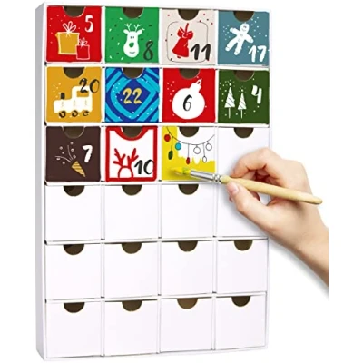 Imagen de BRUBAKER Calendario de Adviento DIY para Pintar, Hacer Manualidades y DiseñAr Tú Mismo Navidad Reutilizable Rellenar con 24 Cajones CartóN Blanco 32,5 cm Altura