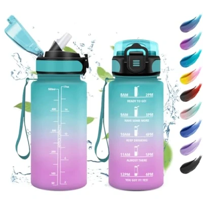 Imagen de Botella Agua Niños 500ml, con Pajita, Fácil de Limpiar, Reutilizable, Motivacional a Prueba Fugas, Garrafa para Niño, Niña, Colegio, Escuela, Camping, Deporte