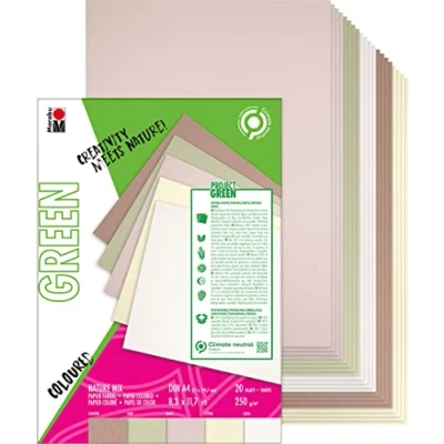 Imagen de Marabu 1612000000600 Green Line Bloc de Papel (DIN A4, 20 Hojas, coloración Natural, 5 Colores, Mate, 250 g/m², sin ácido y Carbono, Biodegradable), Multicolor