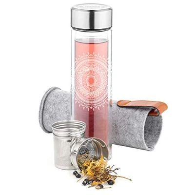 Imagen de Navaris Botella para té con filtro de vidrio 500 ML infusor y tapa acero inoxidable Incluye funda fieltro Sol indio
