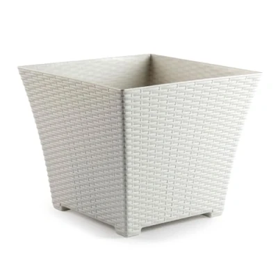 Imagen de AC Maceta Cuadrada Fabricación en plástico Diseño Rattan Ideal como macetero, Tiesto, Recipiente para Plantas, Flores, balcón, terraza, jardín 25 cm Color Blanco Marfil