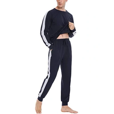 Imagen de Doaraha Pijama Hombre Invierno Manga Larga 100% Algodón Pijamas Ropa de Dormir Camiseta y Pantalones Largo Suave Cómodo 2 Piezas (1175# Azul Profundo Larga, L)