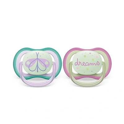 Imagen de Philips Avent Ultra Air Soother: 2 chupetes ligeros y transpirables que brillan en la oscuridad para bebés de 0 a 6 meses, sin BPA con funda transporte esterilizadora (modelo SCF376/19)