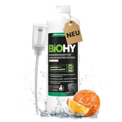 Imagen de BiOHY Limpiador de suelos para robot limpieza con aroma a naranja (botella 1 l) + dosificador, concentrado todos los robots limpiadores y aspiradores función húmeda, sin espuma