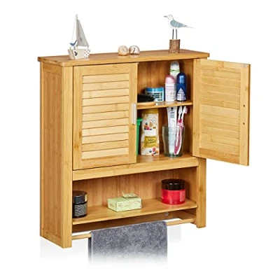 Imagen de Relaxdays Estante de pared con armario LAMELL, bambú, 66 x 62 20 cm, cuarto baño, 2 puertas color natural