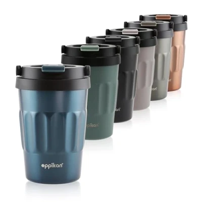 Imagen de eppikan eppiCafé vaso térmico de acero inoxidable con asa plegable taza viaje a prueba fugas para café y té 400 ml (Electric Blue)