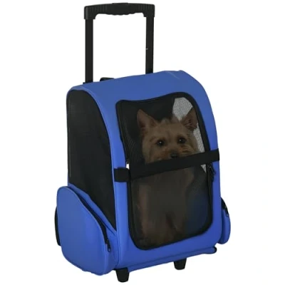Imagen de PawHut Transportín 2 en 1 para Mascotas Mochila o Carrito de Viaje Perro y Gato con Ruedas Asa retráctil Bolsillos 42x25x55 cm Azul