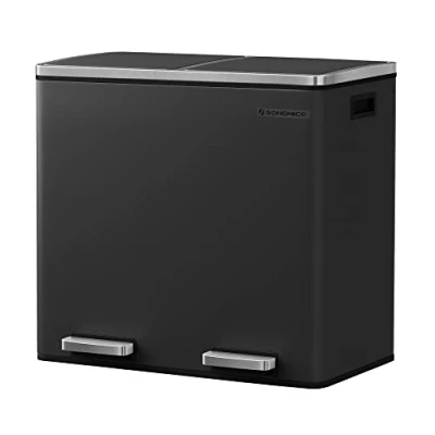 Imagen de SONGMICS Basurero Reciclaje, Cubo de Basura para Cocina con 2 cubetas, x 24L, Tapa Mecanismo, Pedales, Acero, Cubos Interiores Plástico y Asas Transporte, Negro LTB48BK