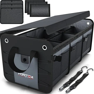 Imagen de FORTEM Organizador de Maletero Coche y SUV para Almacenamiento Caja Plegable con 3 Compartimentos Base Antideslizante Cinchas Ajustables Tapa Extraíble (Gris)