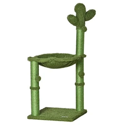Imagen de PawHut Árbol de gato rascador con forma cactus sisal natural, hamaca pompón colgante, 40 x 96 cm, color verde