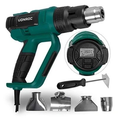 Imagen de VONROC Pistola de aire caliente profesional 2000W Pantalla LCD 60 ajustes temperatura (50C 650C) 5 caudales (250 500 L/min) Incluye accesorios y bolsa almacenamiento