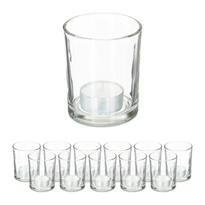 Imagen de Relaxdays Set 12 Portavelas Vidrio, Vasos Velas Cristal, Sujetavelas Decorativos, Diseño Clásico, 8,5x7 cm, Transparente