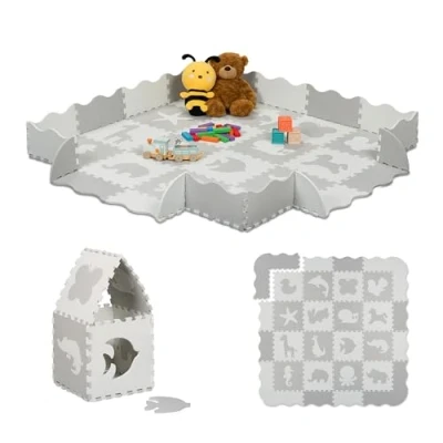 Imagen de Relaxdays Alfombra Puzzle Bebé, 36 Piezas, Colchoneta Juegos, Diseño Animales, Goma No Tóxica, Suelo Gateo, Blanco/Gris, 30,5 x cm
