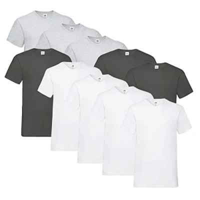 Imagen de Fruit of the Loom Camiseta Valueweight de cuello en V para hombre (10 unidades), 4 blancos, 3 grises, grafito y 1 bloque hlkauf, L