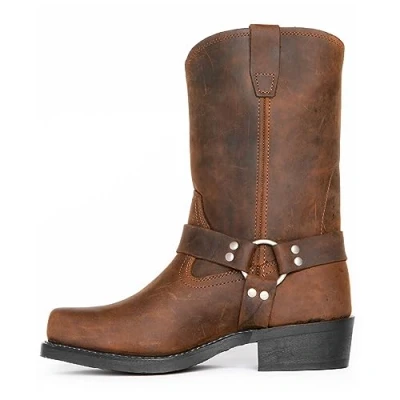 Imagen de DJFOG botas de motocicleta con arnés punta cuadrada para hombre, vaqueras cremallera lateral y hombre,Marrón,44