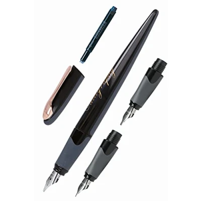 Imagen de ONLINE Juego de caligrafía I bonito pluma Air Black Rose Plumas caligráfica en 3 grosores línea 0,8/1,4/1,8 mm Cartuchos tinta o convertidor estándar Set regalo