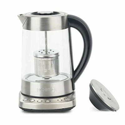 Imagen de H.Koenig Tetera Eléctrica con Infusor y Filtro, 2400 W, Capacidad de 1.7 L, Base 360º Sin Cables, 4 Temperaturas, Cristal, Acero Inoxidable TI700, 7 Cups, 44 Decibeles, Gris