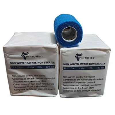 Imagen de PintoMed Pack 2 x Compresas No Esteriles, Tejidas, TNT, 10 cm, 100 = 200 Unidades. Oferta 1 Rollo Venda Cohesiva 7,5cm 4,5m