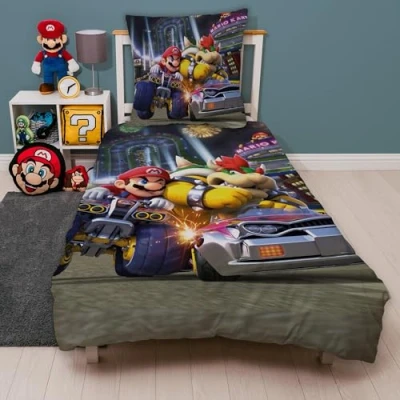 Imagen de Juego de cama infantil reversible Super Mario Kart · Ropa 135 x 200 80 cm 100% algodón con cremallera Diseño oscuro Bump y Bowser