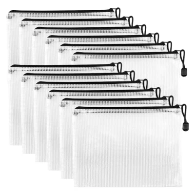 Imagen de Crihovy 12 Piezas Bolsa de Archivo Cremallera A4, Impermeable Bolsas Documentos Malla, Plastico con Cierre Cremallera, Zip Folder para Recibos, Oficina, Viaje, Escolar, negro