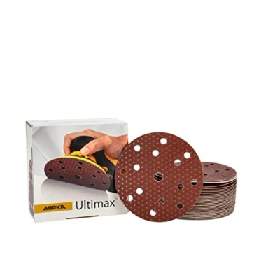 Imagen de Mirka Ultimax Papel de lija Ø 150mm Velcro 15 agujeros, grano P100, 50 uds., Para excéntricas y lijadoras 150mm, Lijado madera blanda dura, materiales minerales, barnices viejos duros