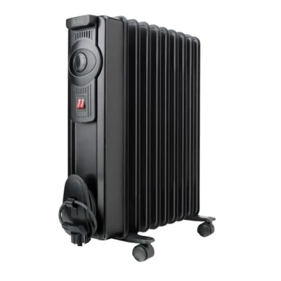 Imagen de Black+Decker Radiador de Acite BXRA1500E 1500W y 9 elementos 140mm. Termostato ajustable dos potencias. Función seguridad ante sobrecalentamiento, ruedas guardacables. Negro.